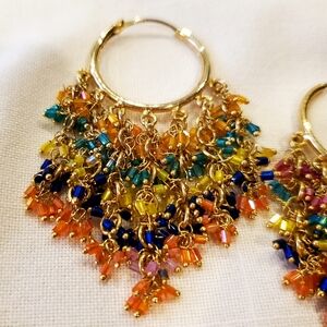 Chic Boho Gold Hoop Earrings with Colourful Fringe Beads on Chain Links Ritzy
